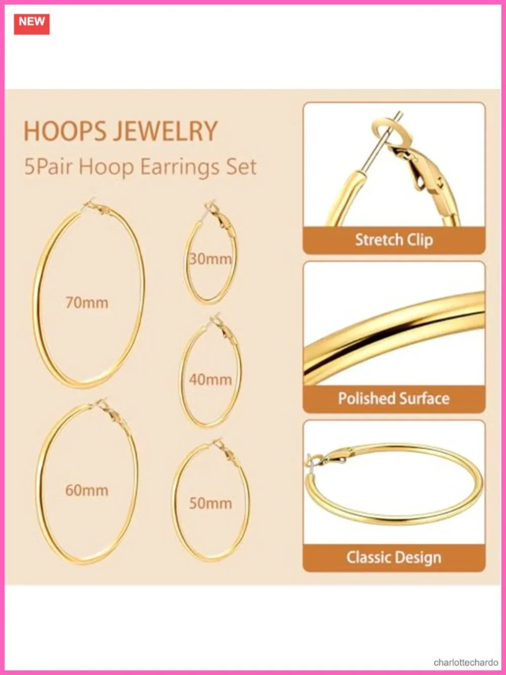 5 Pairs 14K Gold Stainless Steel Hoop Earrings Set